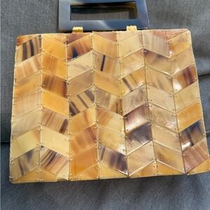 Hand Bag Chevron Pattern W Bamboo like Plastic Handle & Yellow Silky Interior.